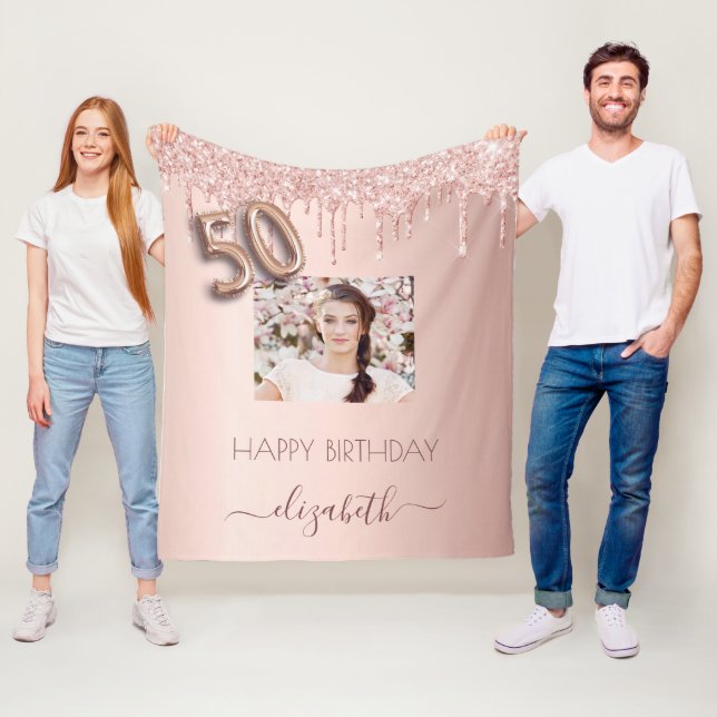 50th birthday rose gold glitter blush pink photo fleece blanket (In Situ)