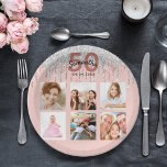 50th birthday rose gold glitter blush silver photo paper plates<br><div class="desc">For a 50th birthday party, celebrating her life with a collage of 6 of your own photos. Personalize and add a name, age 50 and a date. Date of birth or the date of the party. Dark rose gold and black colored letters. A trendy rose gold colored background decorated with...</div>