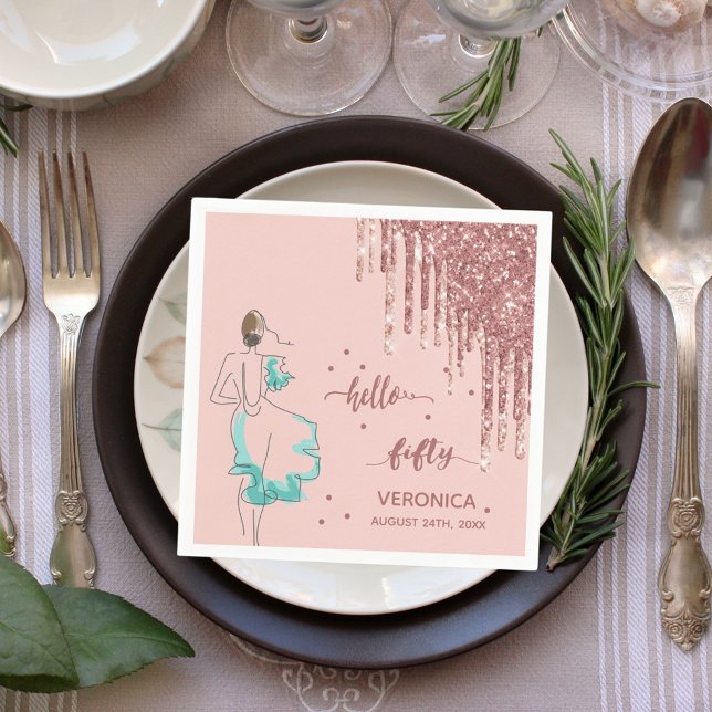 50th birthday rose gold glitter drip hello 50 name napkins (Creator Uploaded)