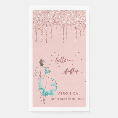 50th birthday rose gold glitter drip hello 50 name paper guest towels