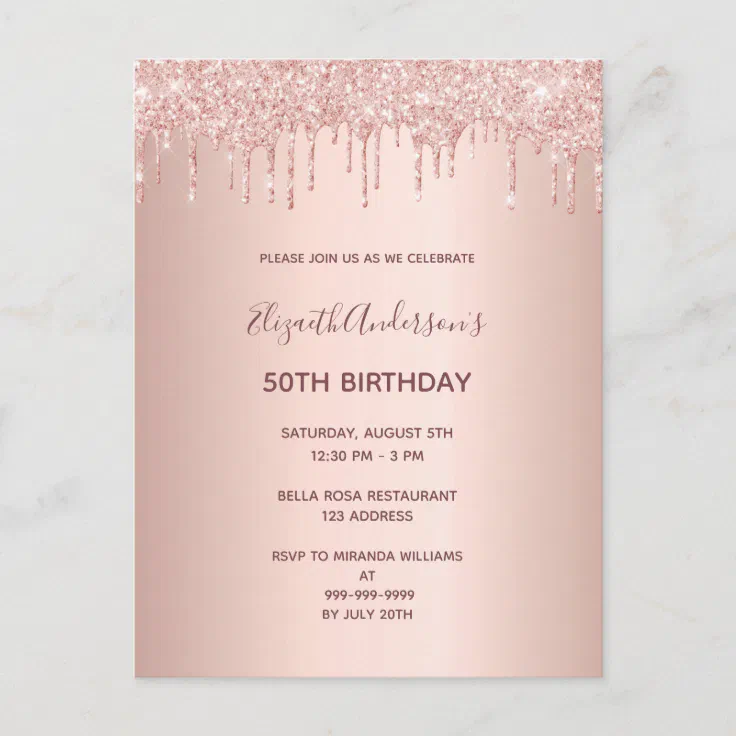 50th Birthday Rose Gold Glitter Drip Invitation Postcard Zazzle 0139