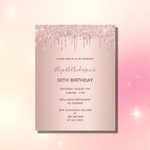 50th birthday rose gold glitter drip invitation postcard