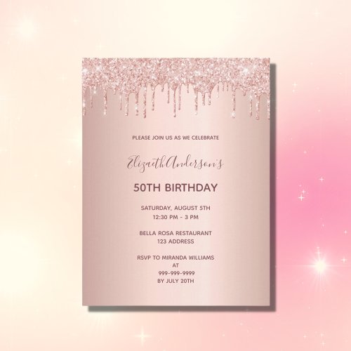 50th birthday rose gold glitter drip invitation postcard
