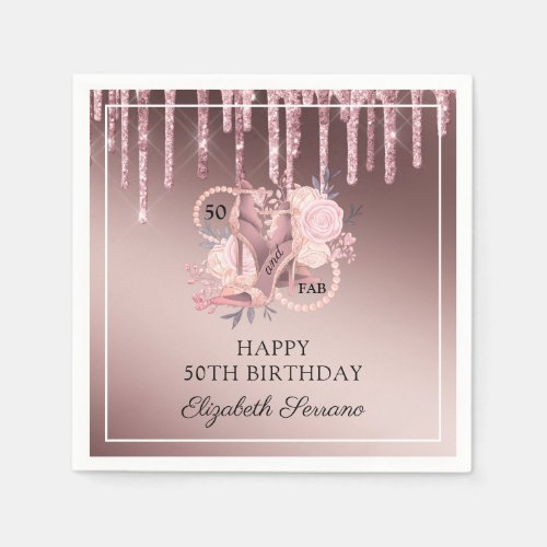 50th Birthday Rose Gold Glitter Drips Foam Board Napkins