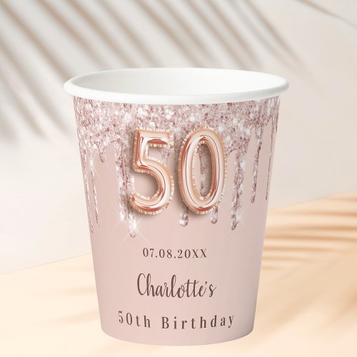 50th birthday rose gold glitter drips monogram paper cups