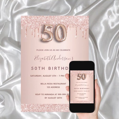 50th birthday rose gold glitter drips pink glam invitation