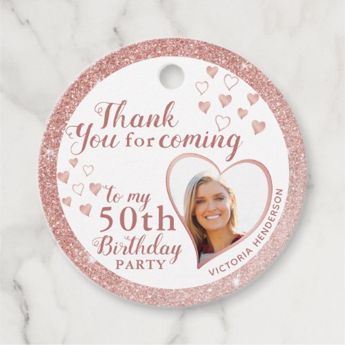 50th Birthday Rose Gold Glitter Elegant Thank You Favor Tags