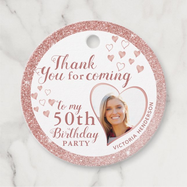 50th Birthday Rose Gold Glitter Elegant Thank You Favor Tags (Front)
