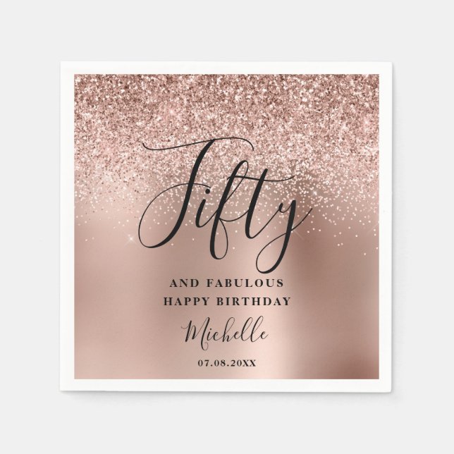 50th Birthday Rose Gold Glitter Fifty And Fab Name Napkins (Front)