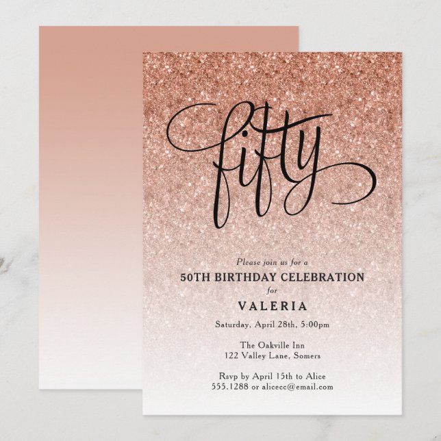 50th Birthday Rose Gold Glitter Invitation (Front/Back)