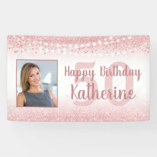 50th Birthday Rose Gold Glitter Lights Photo Banner