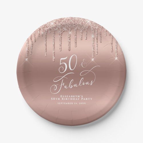 50th Birthday Rose Gold Glitter Personalized Paper Plates