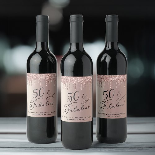 50th Birthday Rose Gold Glitter Personalized Wine Label