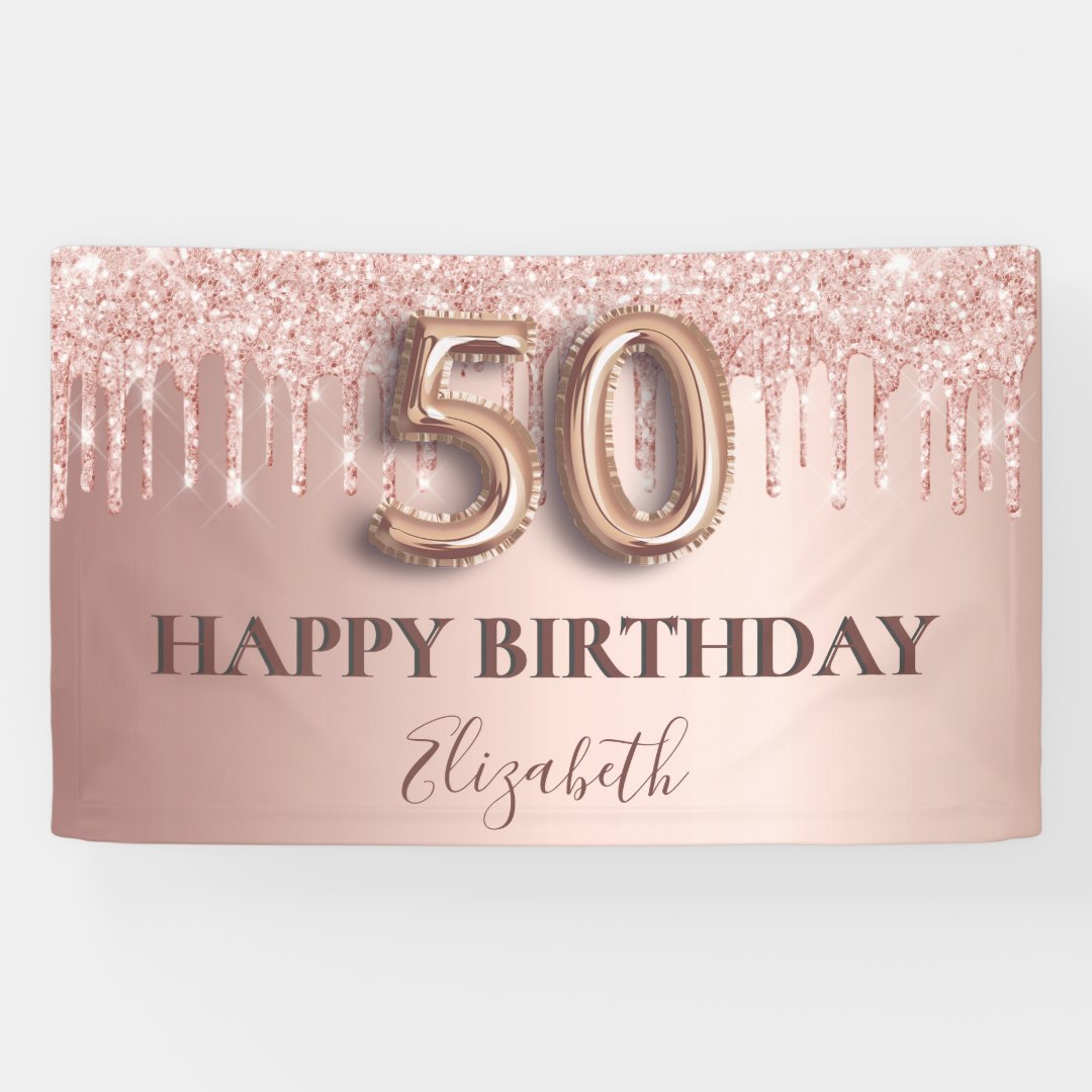 50th birthday rose gold glitter pink balloon style banner | Zazzle