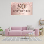 50th birthday rose gold glitter pink balloon style banner<br><div class="desc">Elegant, classic, glamorous and girly for a 50th birthday party. Rose gold and blush pink, gradient background. Decorated with rose gold, pink faux glitter drips, paint dripping look. Personalize and add a name. With the text: Happy Birthday plus the birthday girls name. The text is written with a modern dark...</div>