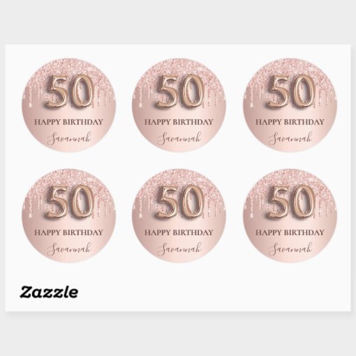 50th birthday rose gold glitter pink balloon style classic round