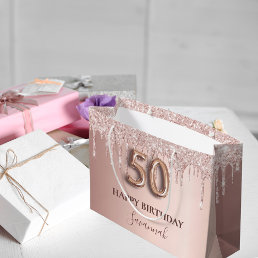 50th birthday rose gold glitter pink balloon style large gift bag