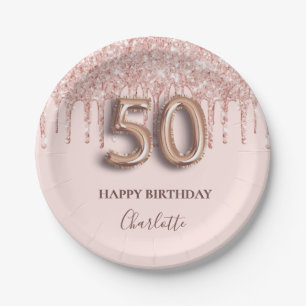 50th birthday rose gold glitter pink balloon style paper plates