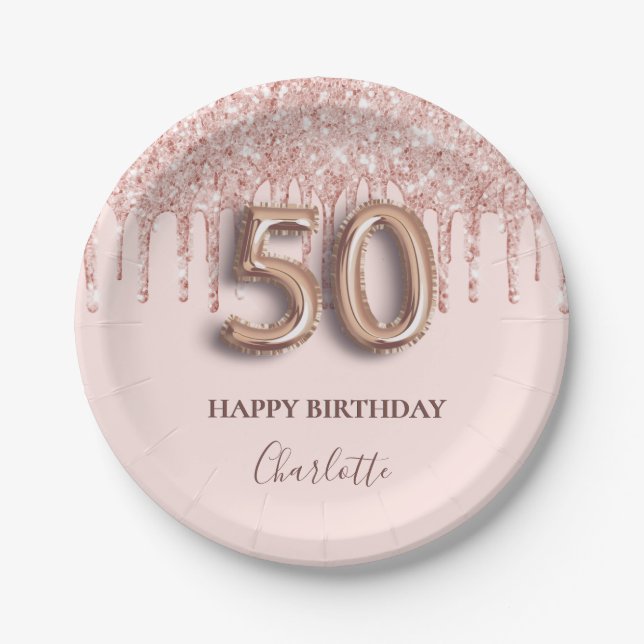 50th birthday rose gold glitter pink balloon style paper plates (Front)
