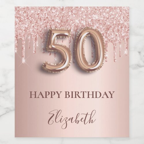 50th birthday rose gold glitter pink balloon style wine label