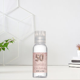 50th Birthday rose gold glitter pink balloon text Hand Sanitizer