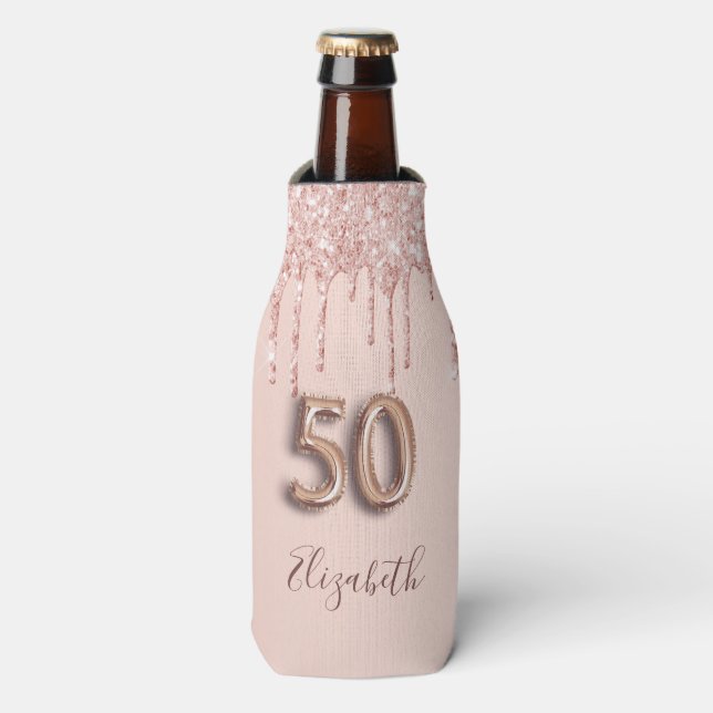 50th birthday rose gold glitter pink bottle cooler (Bottle Front)