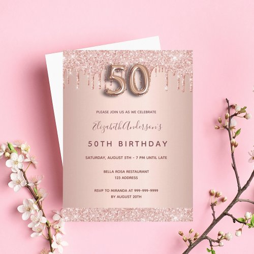 50th birthday rose gold glitter pink invitation postcard