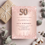 50th Birthday rose gold glitter pink luxury Invitation Postcard<br><div class="desc">A modern, stylish and glamorous invitation for a 50th birthday party. A faux rose gold metallic looking background with an elegant faux rose gold glitter drip, paint drip look. The name is written with a modern dark rose gold colored hand lettered style script. Personalize and add your party details. Number...</div>