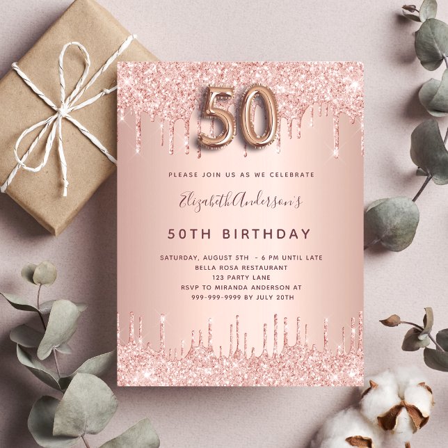 50th Birthday rose gold glitter pink luxury Invitation Postcard