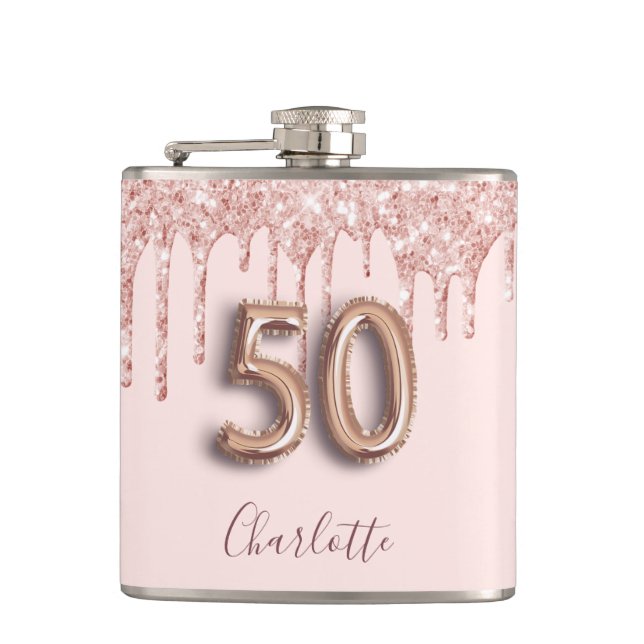 50th birthday rose gold glitter pink monogram glam flask (Front)