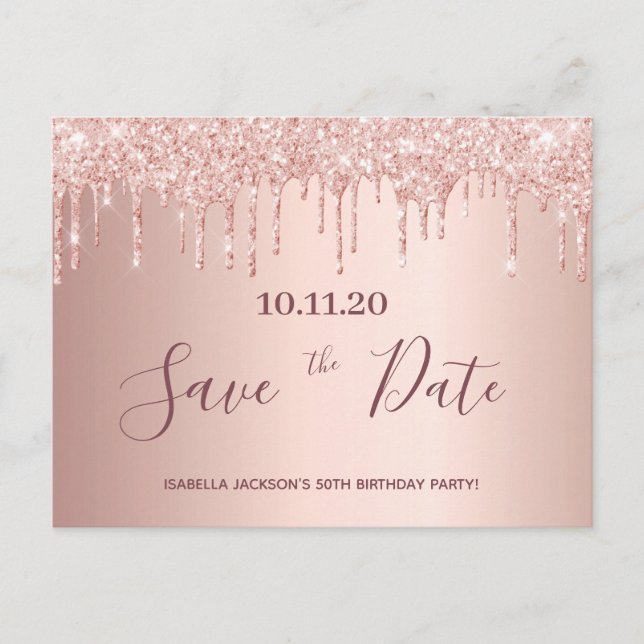50th birthday rose gold glitter save the date postcard (Front)
