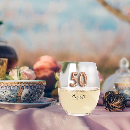 50th birthday rose gold name stemless wine glass