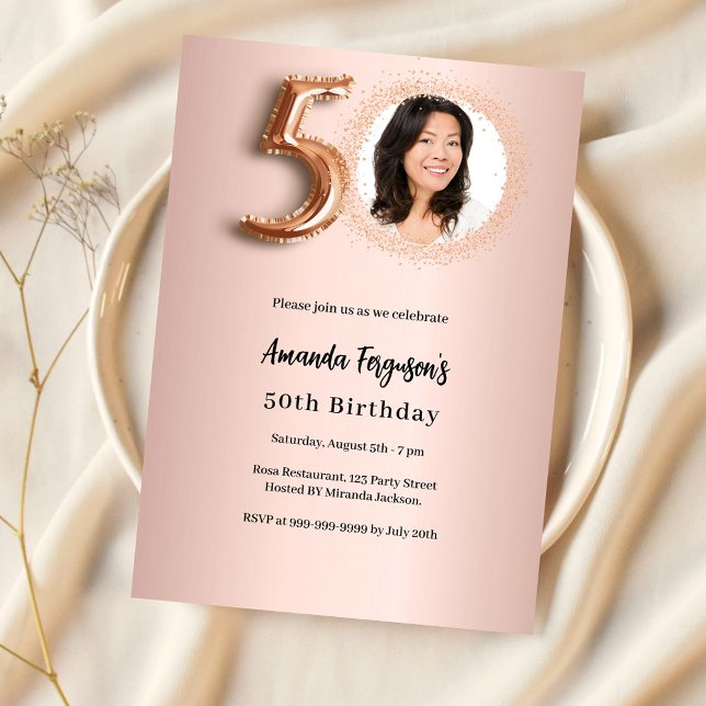 50th Birthday rose gold photo Invitation (Creator Uploaded)