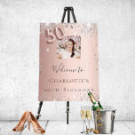 50th birthday rose gold photo silver glitter dust foam board<br><div class="desc">A welcome board for a girly and glamorous 50th birthday party.  A rose gold faux metallic looking background decorated with faux silver glitter dust.   Personalize and add a photo and name.  Number 50 is written with a balloon style font.
Back: no design</div>