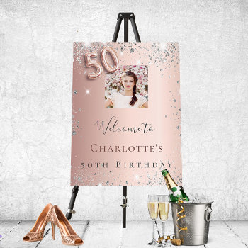 50th Birthday Rose Gold Photo Silver Glitter Dust Foam Board by Thunes at Zazzle