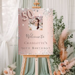 50th birthday rose gold photo silver welcome foam board<br><div class="desc">A welcome board for a girly and glamorous 50th birthday party.  A rose gold background decorated with faux silver sparkles.  Personalize and add a photo and name.  Number 50 is written with a balloon style font.
Back: no design</div>