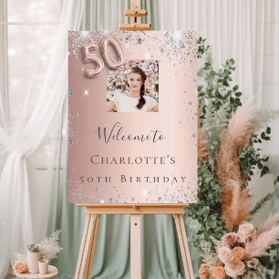 50th birthday rose gold photo silver welcome foam board