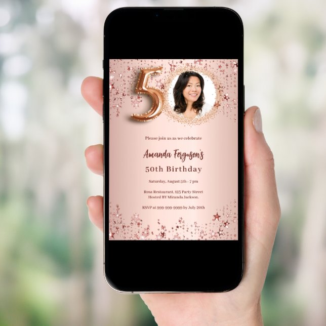 50th Birthday rose gold photo stars Invitation (Front Digital)