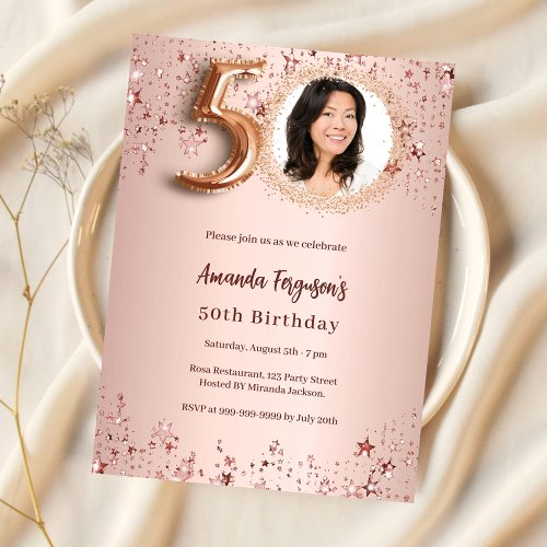 50th Birthday rose gold photo stars luxury Invitation