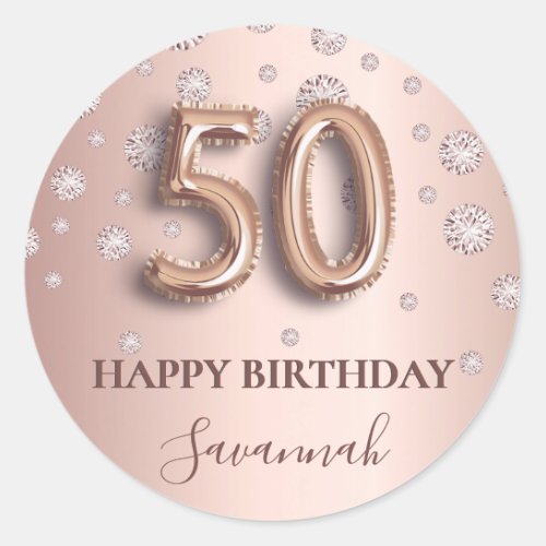 50th birthday rose gold pink diamonds balloon font classic round sticker