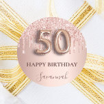 50th birthday rose gold pink drips classic round sticker<br><div class="desc">Elegant, classic, glamorous and girly for a 50th birthday party. Rose gold and blush pink, gradient background. Decorated with rose gold, pink drips, paint dripping look. Personalize and add a name. With the text: Happy Birthday. The text is written with a modern dark rose colored hand lettered style script. Number...</div>