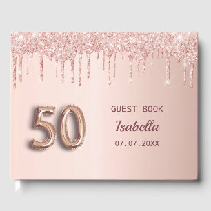 50th birthday rose gold pink drips guest book