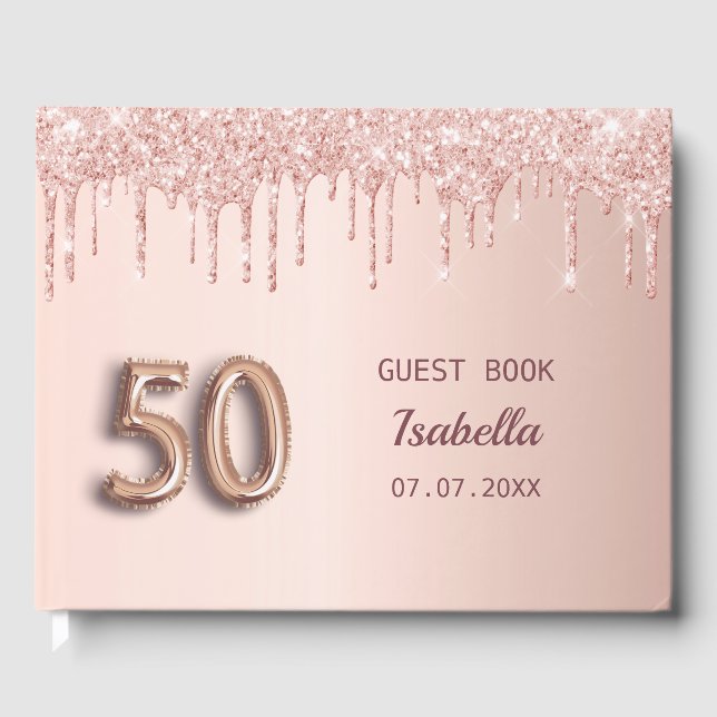 50th birthday rose gold pink drips  guest book (Front)