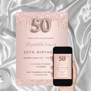 50th birthday rose gold pink drips invitation