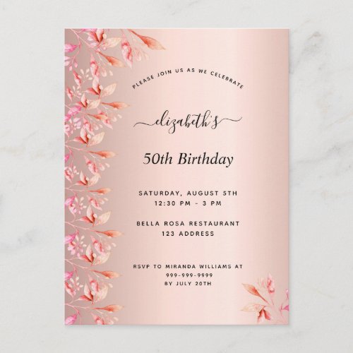50th birthday rose gold pink floral invitation postcard