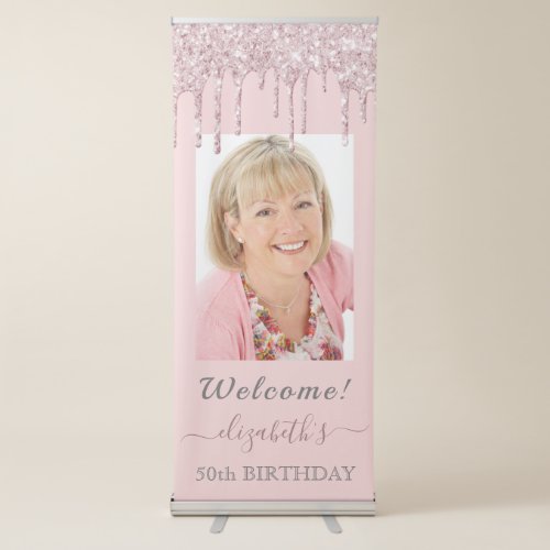50th birthday rose gold pink glitter welcome retractable banner