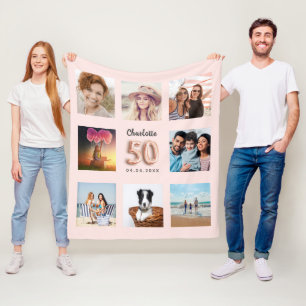 50th birthday rose gold pink photo collage name fleece blanket