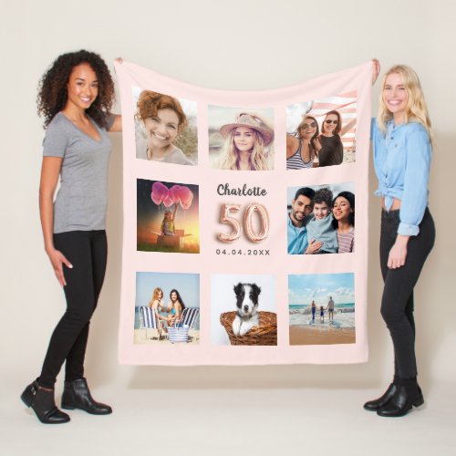 50th birthday rose gold pink photo collage name fleece blanket