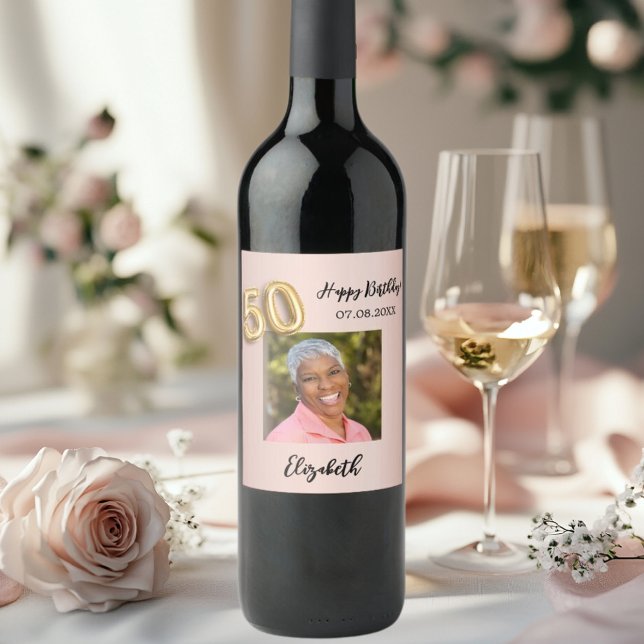 50th Birthday rose gold pink photo Wine Label (Creator Uploaded)