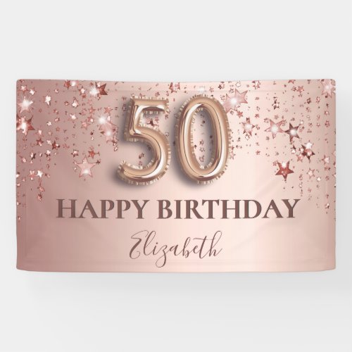 50th birthday rose gold pink stars balloon script banner